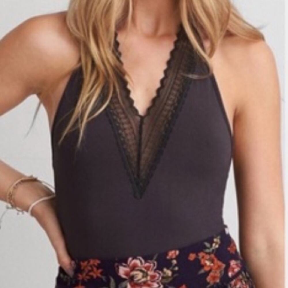 American Eagle Essential Black Lace Deep V-Neck Halter Bodysuit